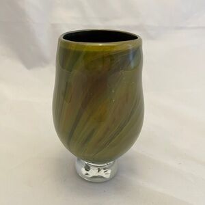 Art Glass Footed Vase, Hand Blown, 5" Army Green, Vintage EUC